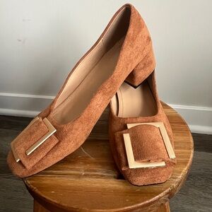 Brown Block Heel Shoes with Gold Buckle